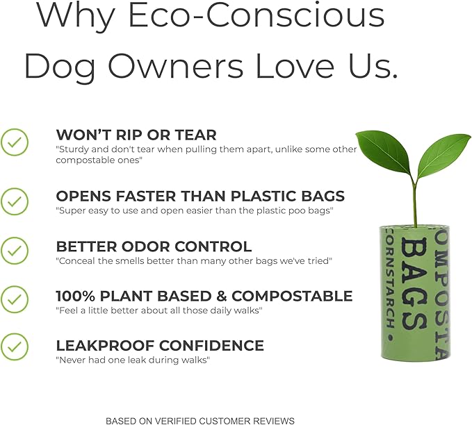 100% Certified Home Compostable Dog Poop Bags, Extra Thick, Plant-Based, Plastic-Free, Unscented, 240 Bags (16 Rolls), Leakproof & Easy Open