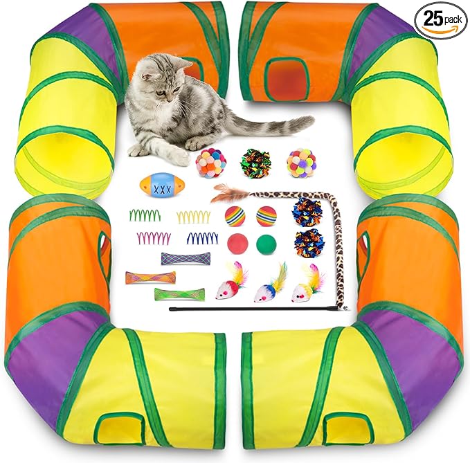 Retro Shaw 25Pcs Cat Toys, Extra Large Tunnels with Cats Toys, Ideal Indoor Interactive Kitten Toys, Kitty Tube Tent Feather Wand Teaser Balls Bell Crinkle Fuzzy Springs Mouse