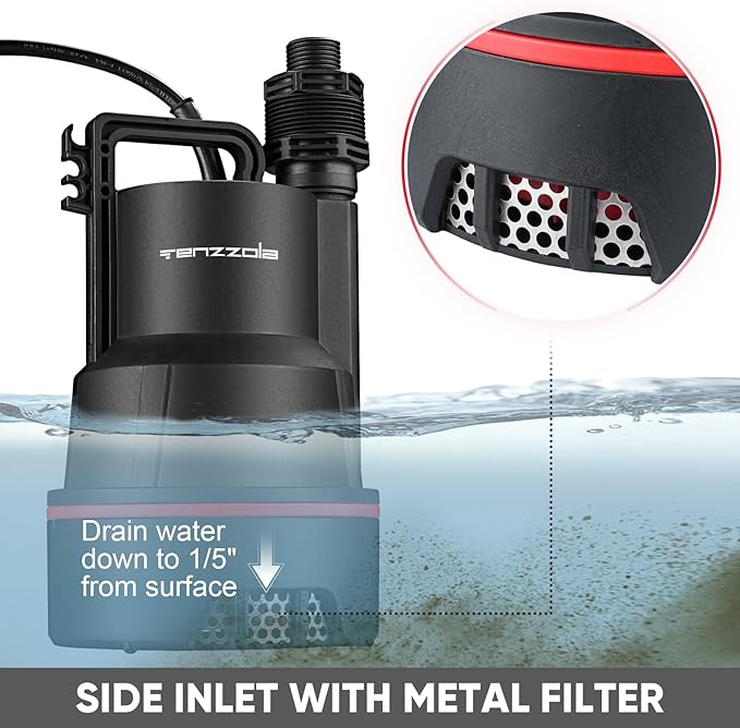 Sump Pump Submersible Utility Water Pump Thermoplastic Portable Electric Water Removal Transfer Pump with 16.4FT Cord for Swimming Pool Basement Garden Pond Tubs Draining, 1/3 HP