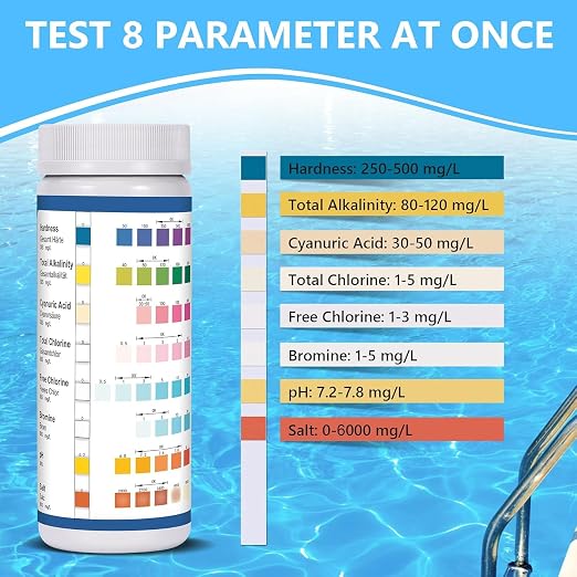 8 in 1 Salt Water Pool Testing Kit, 125PCS Pool Salt Test Strips | Salt pool test strips detect salt salt, pH, chlorine, bromine, alkalinity, hardness, CYA in pool hot tub spa saltwater pool