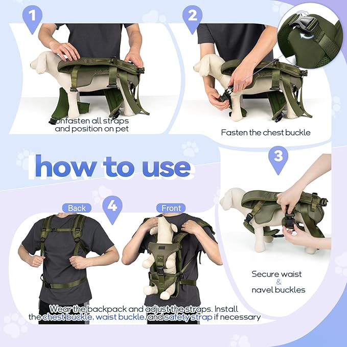 YUDODO Front Pet Carrier Backpack for Small Dogs and Cats, Secure and Breathable Mesh, Ergonomic Support, Adjustable for Walking, Hiking, or Travel (Army Green M)