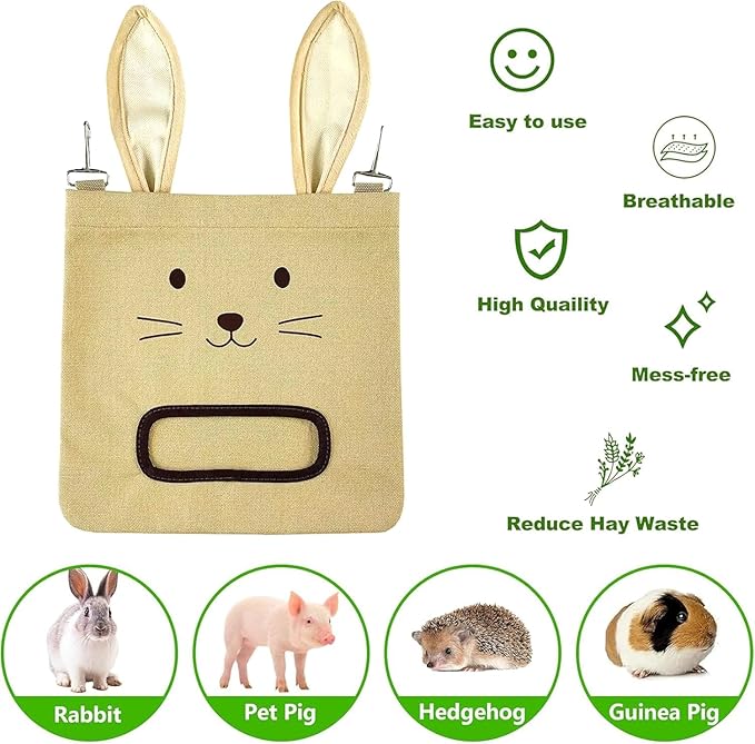 Rabbit Hay Feeder Bag - Hanging Rabbit Hay Feeder for Rabbits, Guinea Pigs and Chinchillas, Moss and Alfalfa Hay (Black)