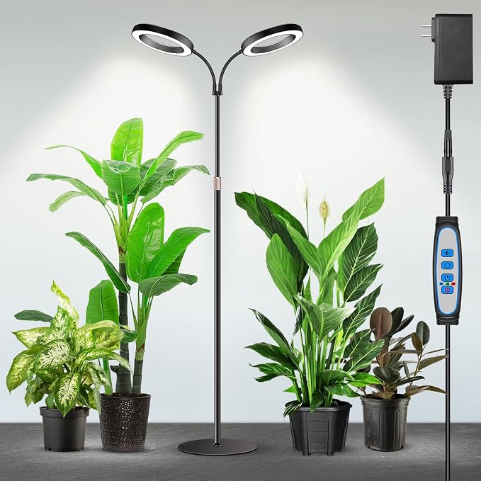 Halo Grow Lights, Dual-Head 6000K LED Floor Plant Light with Base | Full Spectrum 168LEDs Grow Lamp, 3 Color Modes, Timer 6/12/16H, 5 Dimmable Levels, 67'' Adjustable Height, Gooseneck