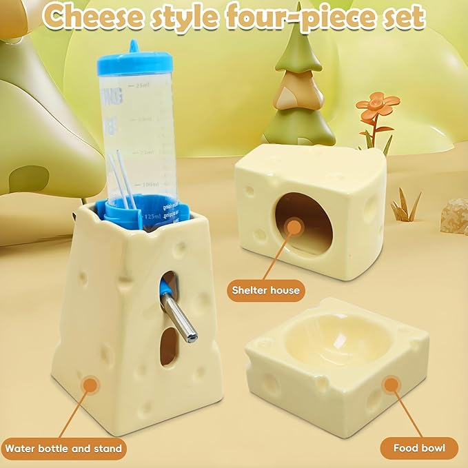 PINVNBY 4PCS Hamster Hideout Set Ceramic Cheese Shape Hamster Food Bowl Water Bottle Holder & 125ML Water Bottle Hamsters House for Dwarf Robo Campbell Gerbil and Other Small Animals