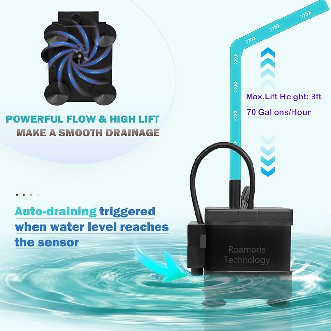 Small Pump With Level Sensor 110V Automatic Submersible Water Pump Mini HVAC Condensate Pump For Dehumidifier,Air Conditioner, Ice Maker, Furnace,Air Cooler,Auto Shut Off,PM01