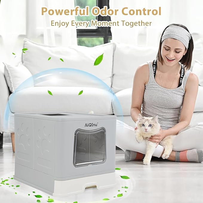 AiQinu XLarge 80L Foldable Cat Litter Box with Lid, Top Exit & Front Entry Kitty Litter Box, Includes Litter Mat & Scoop, Odor Control Anti-Leakage, Easy Clean Large Cat Toilet (Gray)