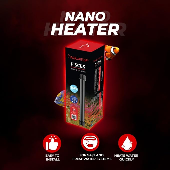 Aquatop 25W Pisces Nano Heater – Fully Submersible for Nano Fish Tanks Up to 8 Gal – Preset 78°F – Heat-Resistant Water Heater for Small Aquariums