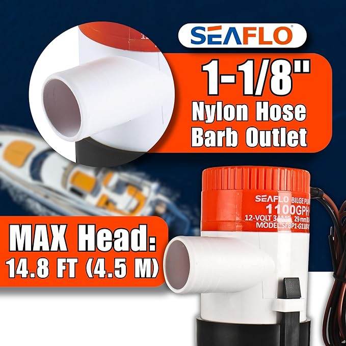 SEAFLO 01 Series 1100 GPH Bilge Pump – 12V, 1-1/8" Outlet, Marine Submersible Pump with Anti-Airlock Protection, CE & Rohs Certified, 4-Year Warranty | Reliable for Boats and Marine Applications