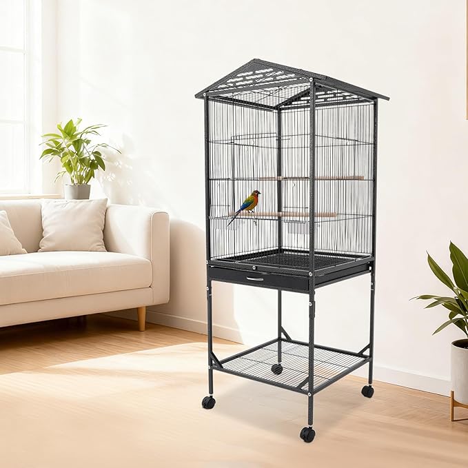 53.5 Inch Iron Bird Cage, Large Parakeet Cages with Play Open Top and Rolling Stand, Bird House with Detachable Stand and Pull-Out Tray for Cockatiels, Parrots, Lovebirds, Canaries (Black, Style A)