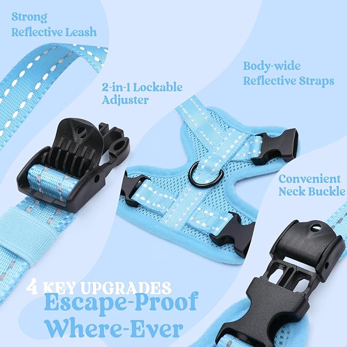 rabbitgoo Cat Harness and Leash, Escape Proof Vest with 3 Adjustable Buckles, Soft Comfortable Kitten Harness, Easy to Wear, Reflective for Safe Outdoor Walking, Medium, Sky Blue
