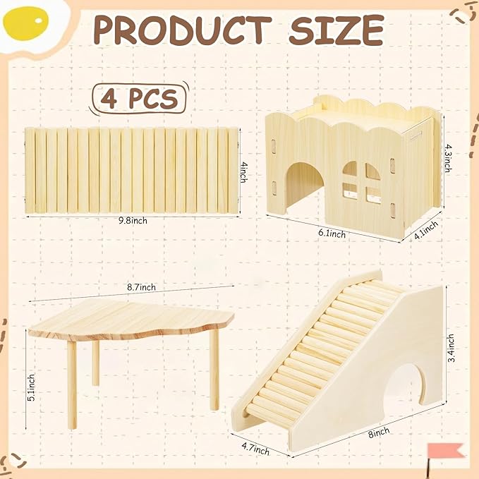 BreezeHug 4 Pcs Hamster Platform Hideout Wooden Tunnel Ladder Playhouse Hamster Game Climbing Toy with Platform Cage Accessories for Pets Dwarf Syrian Mice Degus Gerbils Squirrel(Wave)