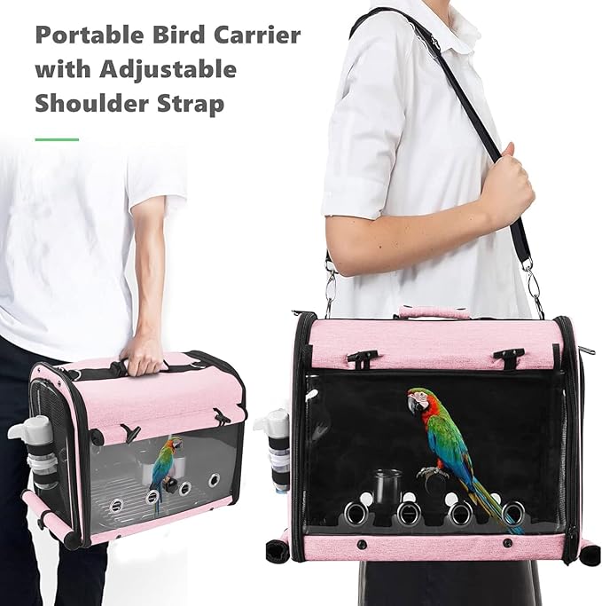 Bird Carrier Bag Bird Travel Cage with Stand, Lightweight Backpack for Parrot, Portable Bird Travel Bag, Pet Transparent Breathable Travel Cage, Pink