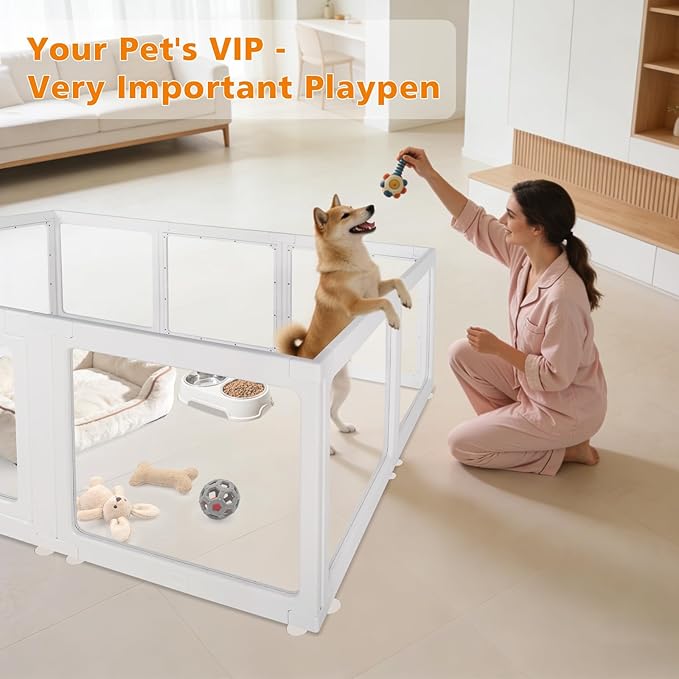 Clear Acrylic Plastic Dog Playpen with Door, 23.6"H Transparent DIY Puppy Cat Pet Play Pen, Modular Fence for Dog, Cat, Pig, Rabbit, Ferret, Easy Assemble Dog House Crate Kennel Whelping Cage