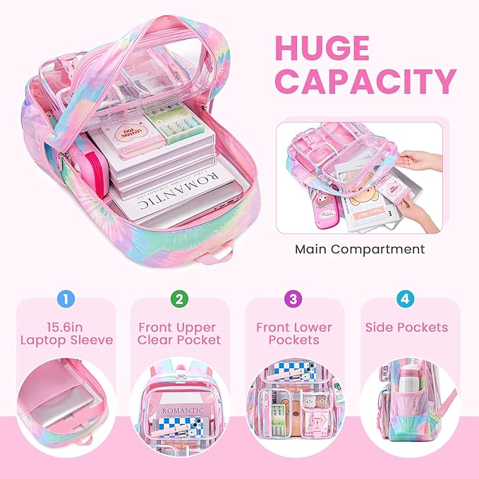 MUSEVOS Clear Backpack for School, Heavy Duty Clear Bookbag for Girls Boys Transparent Backpack with Badge Holder, Pink Tie-dye