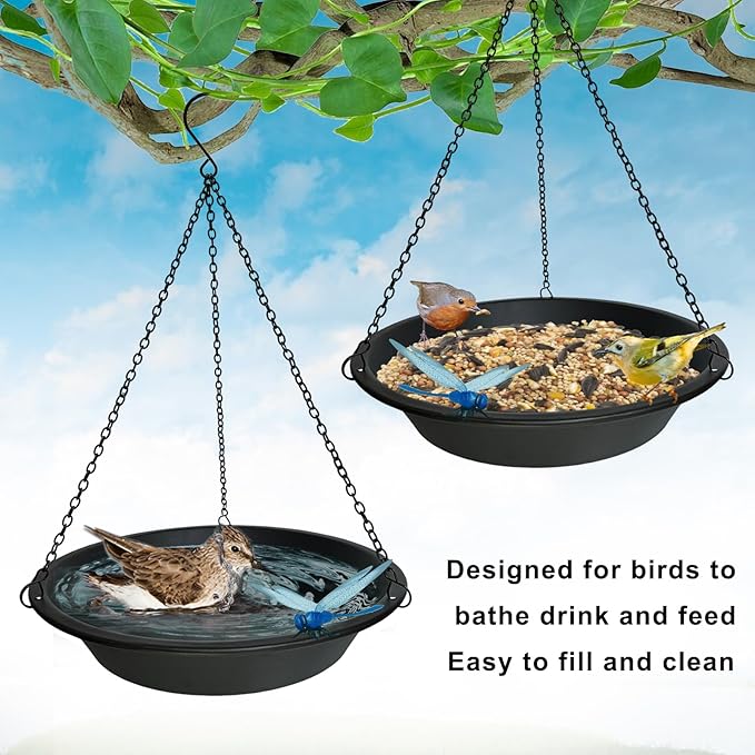 Hanging Bird Bath for Outdoors 11.4 inch Birdbath Bowl Window Birds Feeder with Rust-Proof Black Chains Hooks Metal BirdBaths Hanging Bird-Feeder for Garden Backyard Decor Metallic Black