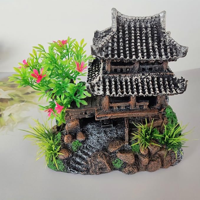 Aquarium Decoration Chinese Ancient Tower, Resin Small Fish Tank Hideout Hut Accessories, Artificial Landscape Decor Hideaway House with Tree Moss, Hollow Hideout Castle Ornament (Building)