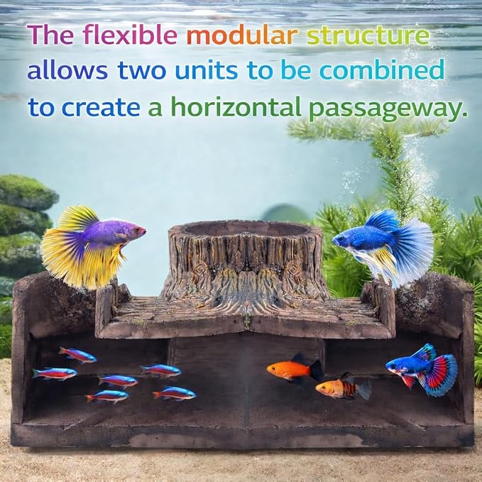 Corner Fish Cave Viewing Tunnel, Realistic Driftwood Stump Hideout for Betta, Shrimp, Corydoras – BPA-Free Aquarium Safe Resin Decoration (5.1”x5.1”x2.8”)