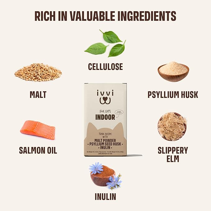 ivvi Indoor Hairball Support Cat Treat – Creamy Lickable Treat for Indoor Cats – Malt & Fiber Digestive Support – Helps Reduce Hairballs – Grain Free – 15g Sachets