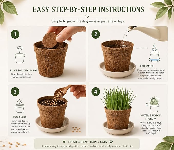 Cat Grass Kit for Indoor Cats - Organic Cat Grass Growing Kit (3 Pack) with Soil Discs, Coco Fiber Pots & Organic Seeds - Natural Hairball Control & Digestion Remedy