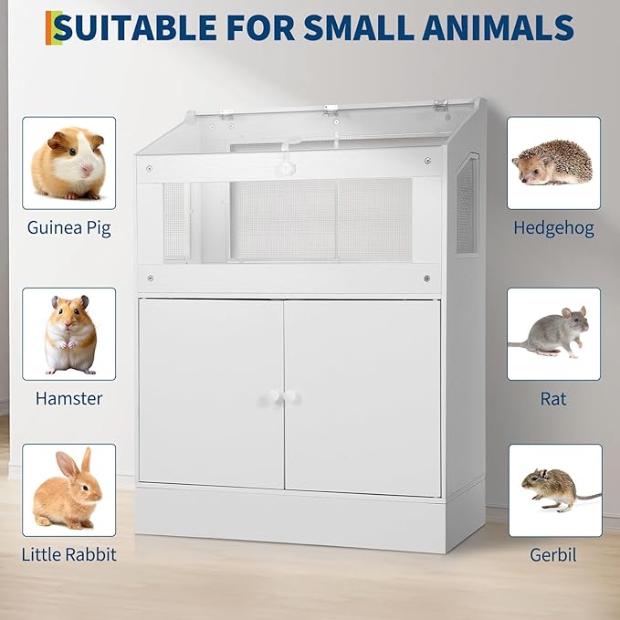 Hamster Cage with Storage Cabinet, Small Animal Cage with Acrylic Viewing Window & Ventilated Mesh, Large Pet Habitat Enclosure for Guinea Pig, Mice, Gerbils, Hedgehogs, Rats, Rabbit