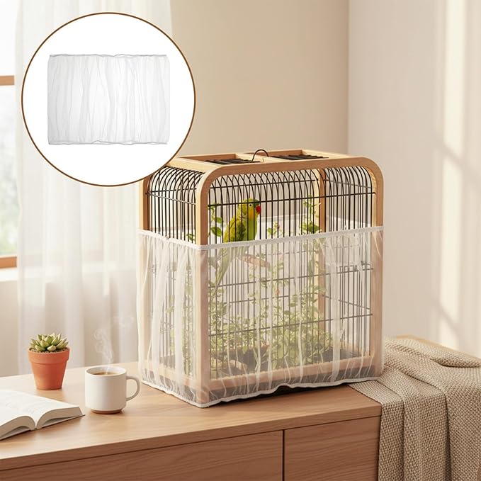 Bird Cage Net Seed Catcher Net Cove White Adjustable Breathable Mesh Parrot Cage Skirt Guard for Parrot Cockatiel Budgie Fits Round Square Cages