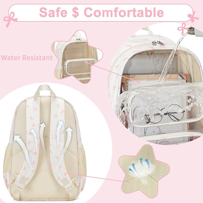 CAMTOP Clear Backpack Heavy Duty Transparent Bag See Through BookBag for Student School Work Festival Sport Travel (Pink Bow)