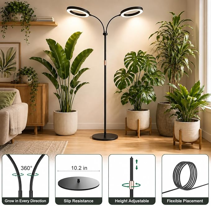 LBW 10.2in Grow Lights for Indoor Plants, Plant Grow Light with Stand | 2-Head, 6/8/12/16H Auto ON/Off Timer, 5 Dimmable Levels, Adjustable Height, 3 Lighting Modes, Black, for Extra Large Plants
