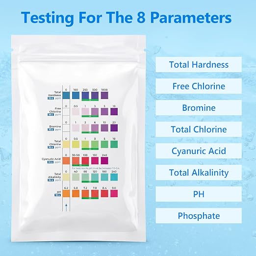 8-Way Hot Tub & Pool Test Strips, 150-Count 7-in-1 Pool Test Strips + 15-Count Phosphate Test Strips, Accurately Test pH, Chlorine, Bromine, Hardness, Total Alkalinity, Cyanuric Acid, Phosphate etc