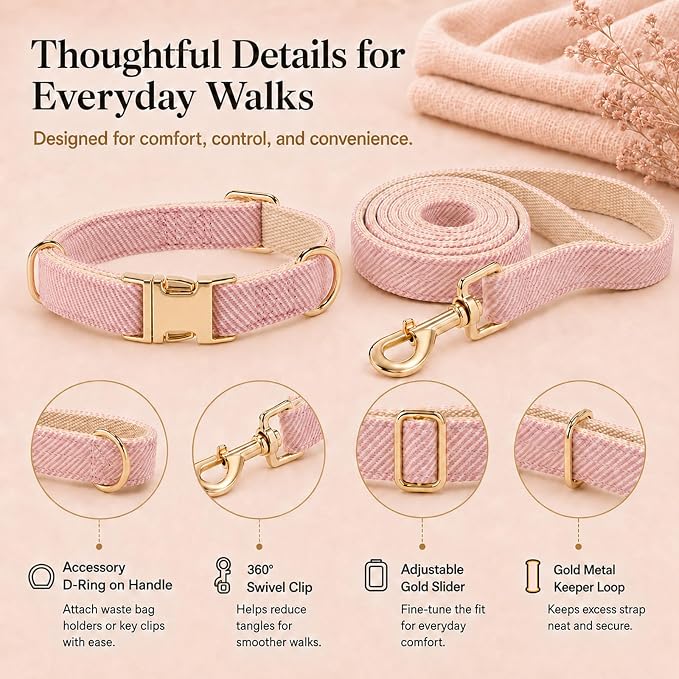Herringbone Tweed Dog Collar and Leash Set for Medium Dogs, Pink | Snag-free, no-rub design. Soft breathable cotton, gentle on fur. Adjustable durable matching combo for walks & outdoors.