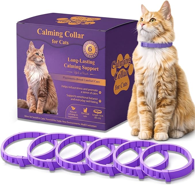 Calming Collars for Cats 6 Pack – Long-Lasting Pheromone Support for Anxiety & Stress – Secure Anti-Slip, Durable & Adjustable 15″ Design – Ideal for Multi-Cat Homes & Introducing New Pets