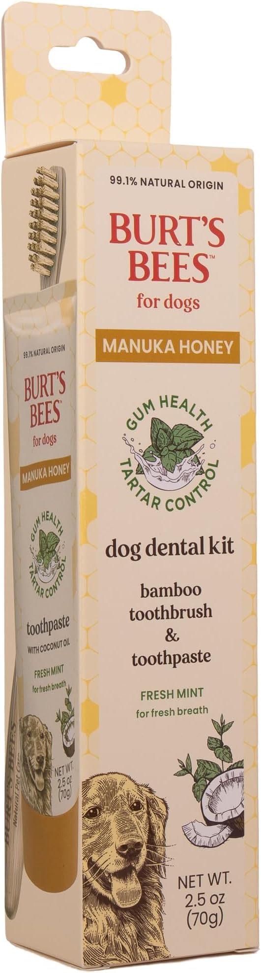 Burt's Bees for Pets Fresh Mint Dog Dental Kit with Bamboo Toothbrush & Dog Toothpaste, Manuka Honey & Coconut Oil for Gum Health, Tartar Control, 99.1% Natural Origin Formula, 2.5 Oz