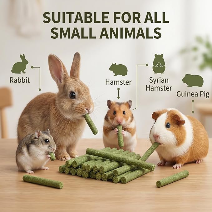 Rabbit Toys,Timothy Hay Stick for Guinea Pig Toy Bunny Chew Toys for Teeth Grinding Hamster Alfalfa Bite Treat Rabbit Molar Food Snack for Pet Rat Chinchilla Squirrel Gerbil-120PCS