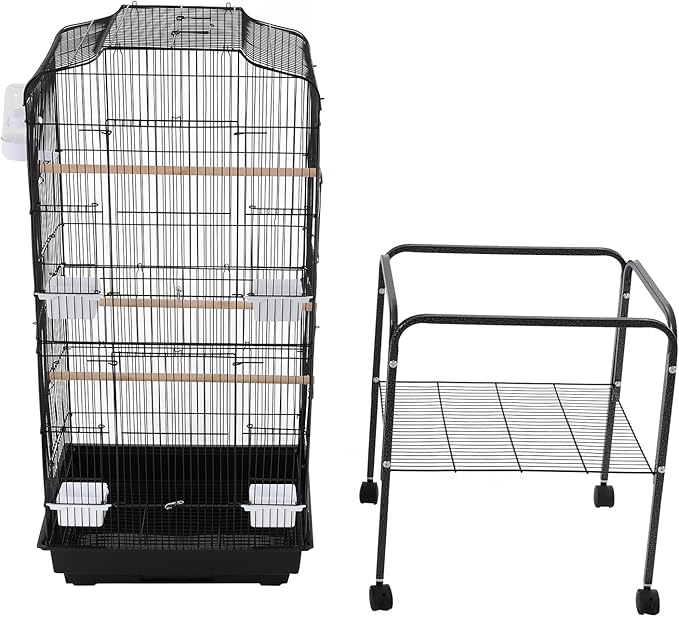 54in Metal Bird Cage Large Parakeet Cages for Parrot, Cockatiel, Lovebird, Pigeon Pagoda Bird House with Rolling Stand,Feeding Bowls & Waterer (Black-54in)