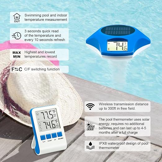 Circrane Solar Wireless Pool Thermometer, Easy Read Digital Floating Thermometer, IPX8 Water Proof, Solar Powered with 150 Days Battery Life for Hot Tub/Ice Bath/Swimming Pool/Aquarium, Blue