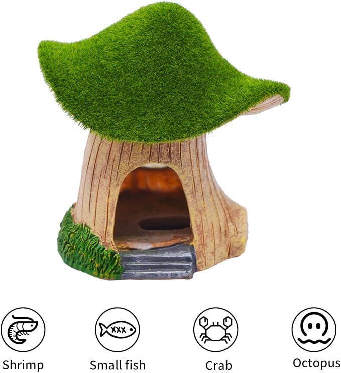 AnRui Green Moss Mushroom Aquarium Decor Cute Fish Tank Decorationss Resin Aquarium Decor Hideout Cave Ornament for Small Fish, Hermit Crab, Shrimp, Goldfish and Reptiles