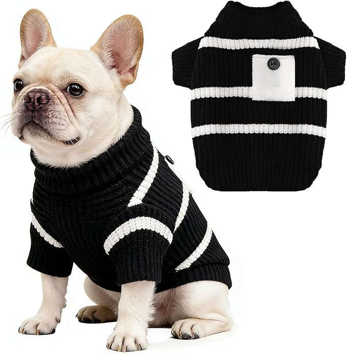 Small Dog Sweater with Cute Pocket Decoration, Striped Soft Stretchable Fleece Warm Puppy Clothes for Small Dogs Cats, French Bulldog, Chihuahua for Winter