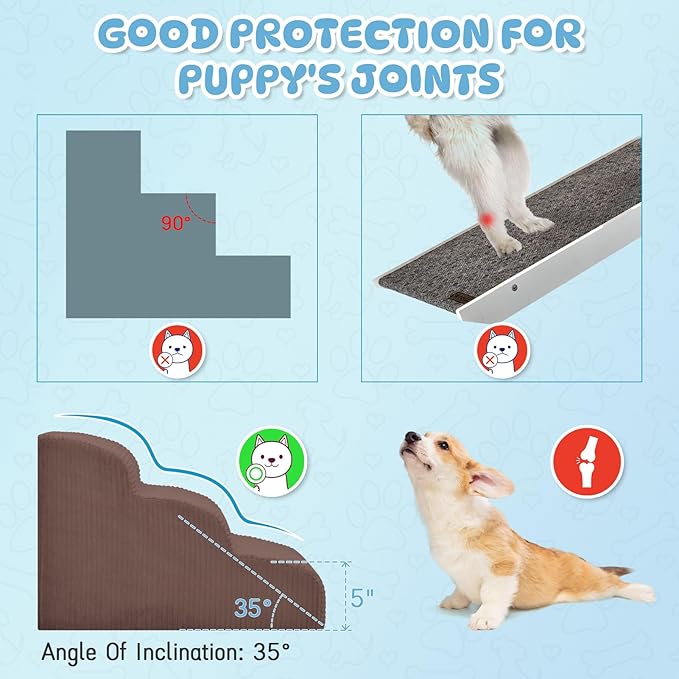 Mesa Lemon Dog Steps for Small Dogs, 4-Step Pet Ramp Stairs for High Beds and Sofa, Non-Slip Pet Stairs for Small Dogs and Cats, Removable and Easy to Clean Cover, Coffee