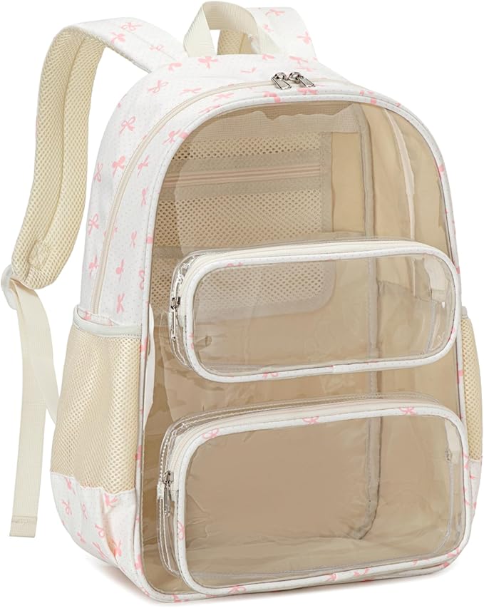 CAMTOP Clear Backpack Heavy Duty Transparent Bag See Through BookBag for Student School Work Festival Sport Travel (Pink Bow)
