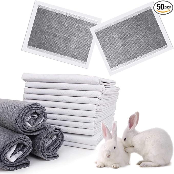 kathson Rabbit Pee Pads Disposable Cage Liners 50PCS All Absorb Black Carbon Odor Control Bunny Training Accessories with Quick-Dry Surface for Puppy Guinea Pig Kitten Hedgehog Small Animals
