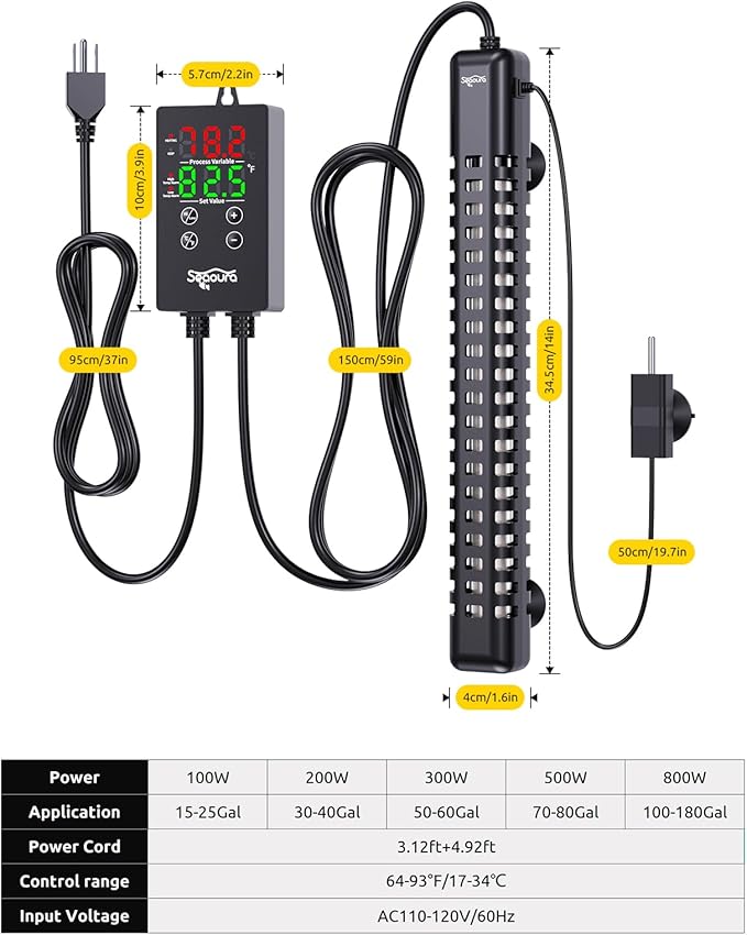 SEAOURA Aquarium Heater, 500W Fish Tank Heaters for 70-80 Gallon, Submersible Turtle Heater with Intelligent Controller Safety Protection, Automatic Power-Off When Leaving Water