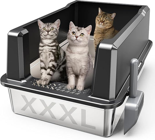 WoofiGo XXL Stainless Steel Cat Litter Box with High Sided, 27.6" L x 20" W x 14" H Extra Large Litter Box for Big Cats and Multiple Cats, Enclosure Cat Litter Pan with Anti-Urine Leakage, Easy Clean