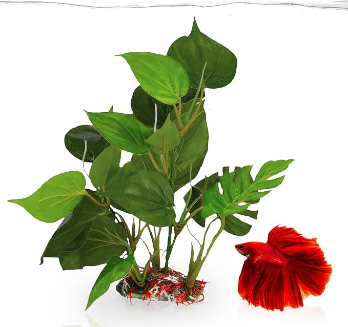 SunGrow Plastic Leaf Plant, Heavy-Duty Ceramic Base, Hiding Spot for Fish, Betta, Angelfish, Gold Fish, Frog, Python, Reptiles, Amphibians (10 Inches, 1 Count)