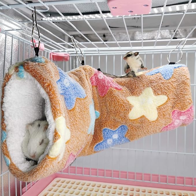 LEFTSTARER Guinea Pig Accessories Sugar Glider Cage Accessories Hamster Rat Toys Ferret Hammock Hanging Tunnel for Small Animals （Brown-Star）