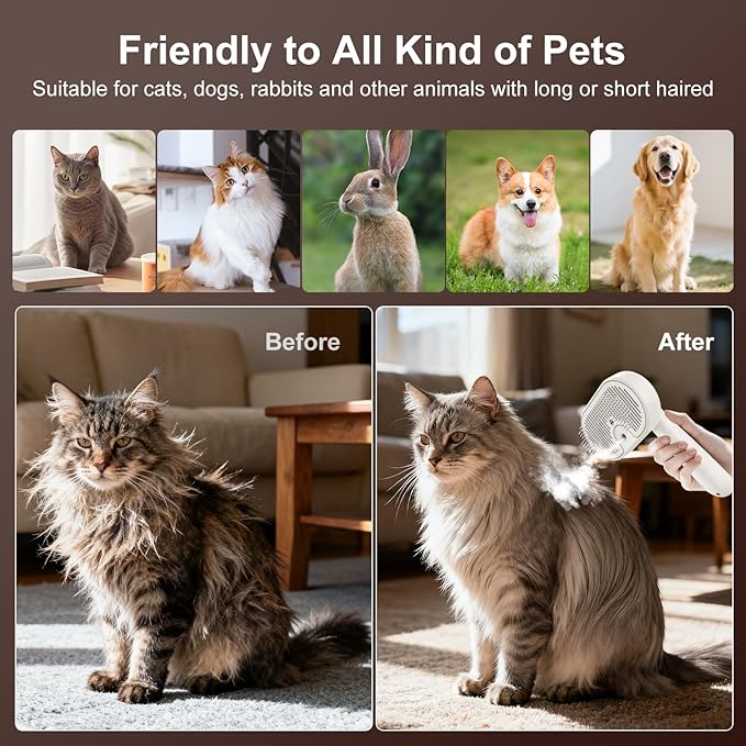 Cat Brush for Shedding, 2026 Upgraded Mist Spray & Self Cleaning Slicker Brush for Indoor Cats & Dogs, Pet Steam Brushes Rechargeable, Skin Friendly Pet Grooming Comb with 180° Rotating Handle