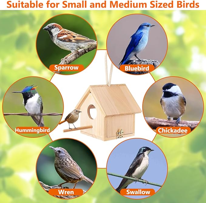 Tfwadmx Wooden Bird House Transparent Outdoor Bird House Hanging Nests Box Garden Patio DIY Decorative for Wren Swallow Sparrow Hummingbird Finch Throstle