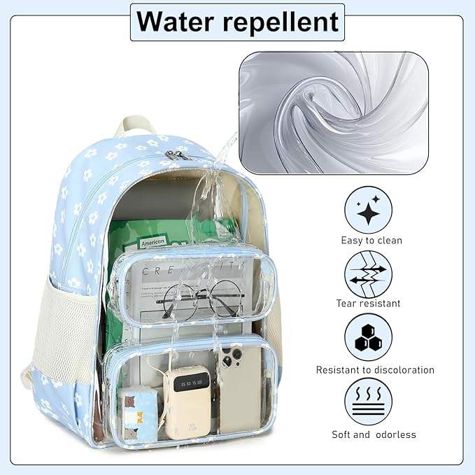 CAMTOP Clear Backpack Heavy Duty Transparent Bag See Through BookBag for Student School Work Festival Sport Travel (Blue Flower)