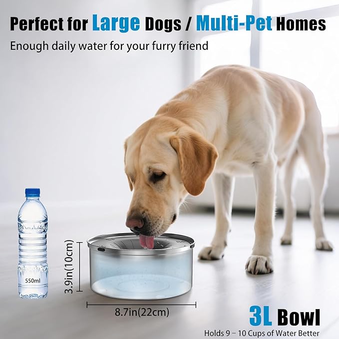 SCHITEC Dog Water Bowl No Spill 3L/0.8 Gallon Slow Drinking Anti-Splash Stainless Steel Dog Bowl with Floating Disk, Spill Proof Pet Travel Water Dispenser for Sloppy Messy Drinkers(Gray)