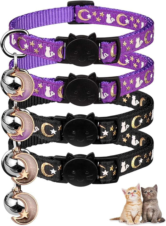 4PCS Cat Collar with Bells,Breakaway Cat Collars,Moons Stars Cute Kitty Adjustable Safe Kitten Collars Pendant Glow in The Dark,Cat Collars for Boy Cats 8.0-13.0 Inch(2 Black & 2 Purple)