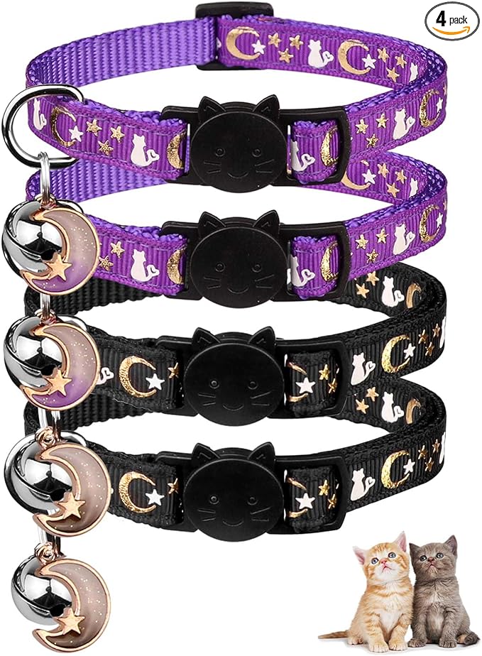 4PCS Cat Collar with Bells,Breakaway Cat Collars,Kitten Collar with Bell Moons Stars Cute Kitty Safe Kitten Collars with Pendant,Cat Collars for Boy Cats 6.9-10.7 Inch(2 Black & 2 Purple)