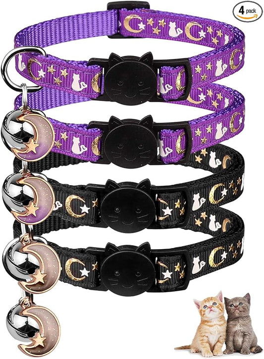 4PCS Cat Collar with Bells,Breakaway Cat Collars,Kitten Collar with Bell Moons Stars Cute Kitty Safe Kitten Collars with Pendant,Cat Collars for Boy Cats 6.9-10.7 Inch(2 Black & 2 Purple)